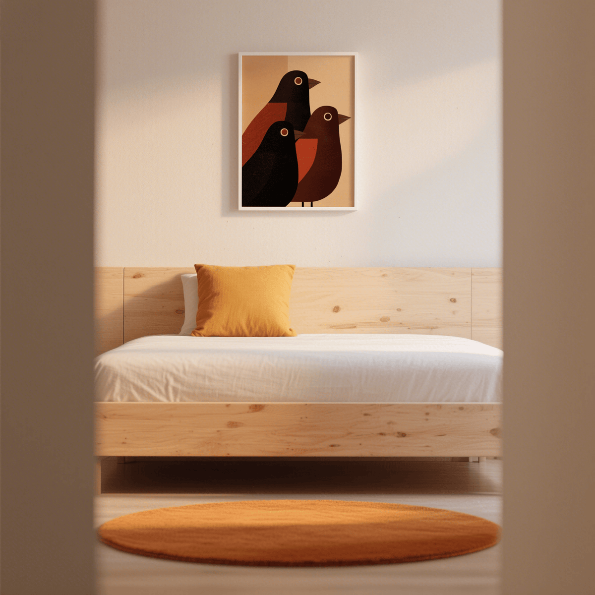 Stylized avian wall poster with pointed beaks and sweeping wing curves