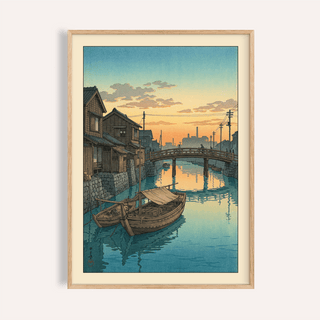 Framed Hasui Kawase Boat Canal Print showing wooden boats on a calm canal with a sunset sky