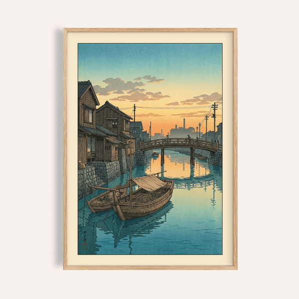 Hasui Kawase boat canal print with Blue dusk tones and moored boat