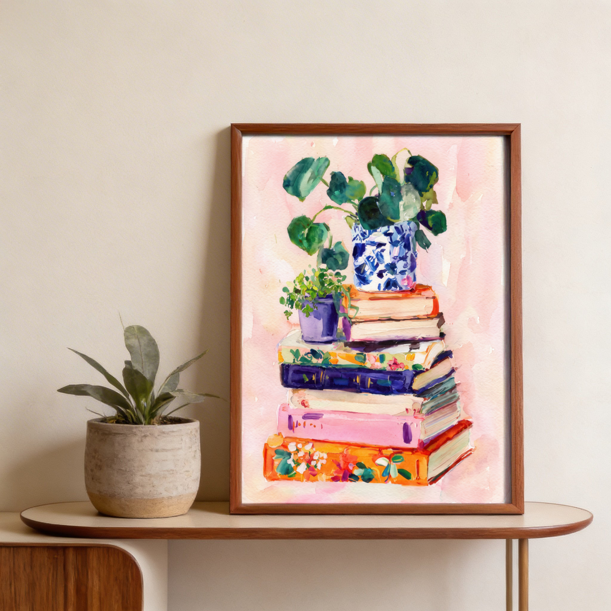 Soft watercolor wall print of books and indoor plants with airy negative space