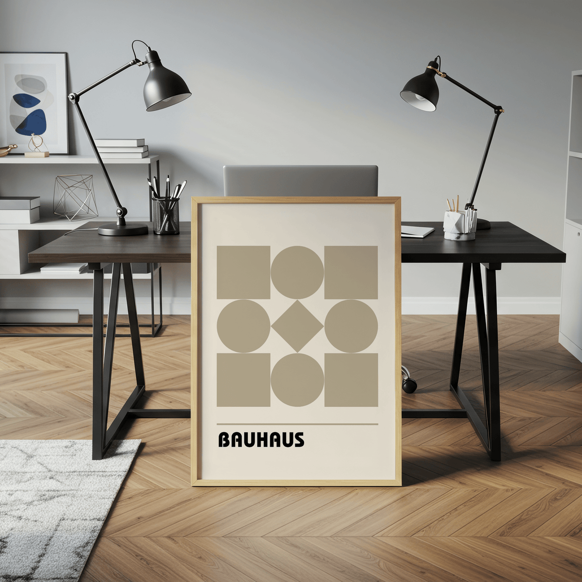 Modern Geometric Shape Art in white and beige for study room poster