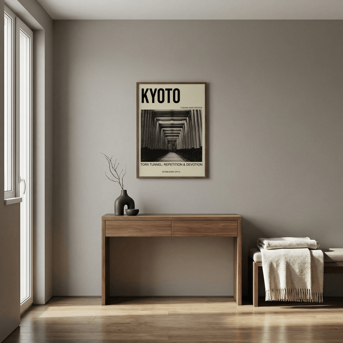 Kyoto Torii Tunnel Art Print with bold header text and centered torii tunnel photograph
