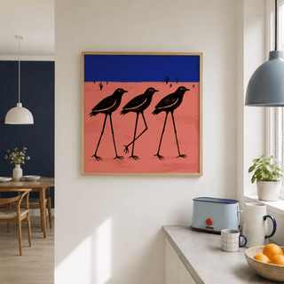 Desert Bird Wall Art canvas featuring lined-up birds against pink and blue desert bands