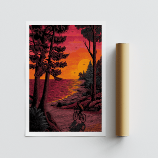 Coastal road cycling scene wall art print with layered trees, horizon line, and sun over water