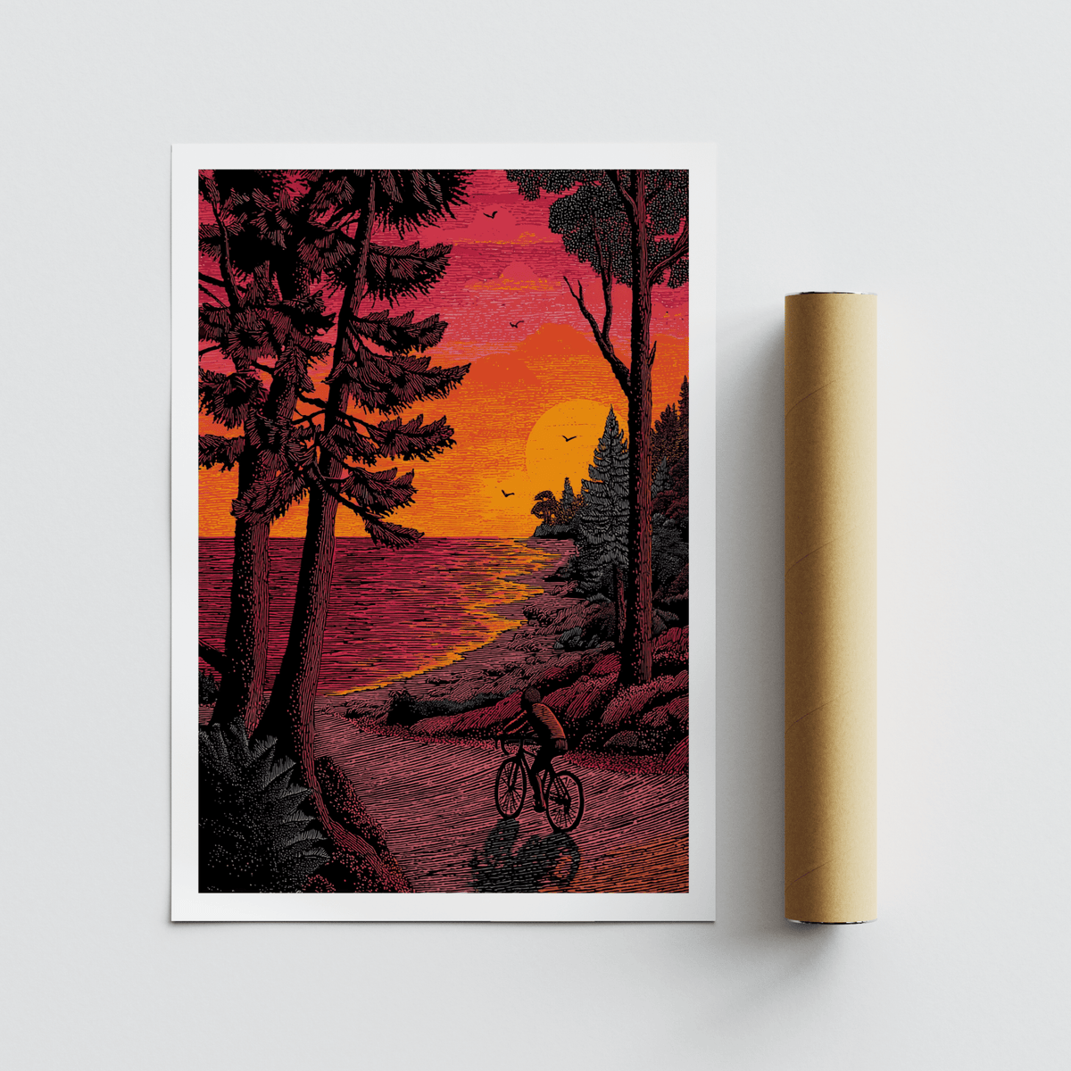 Coastal road cycling scene wall art print with layered trees, horizon line, and sun over water