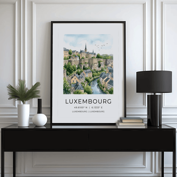 Scenic Luxembourg poster print with layered buildings and treetops along the river