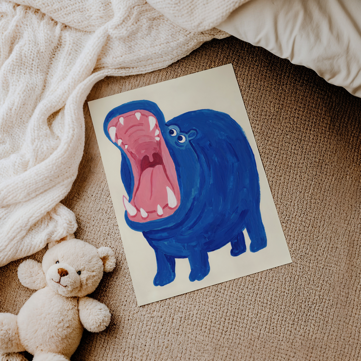 Whimsical hippo wall illustration in blue and pink hues