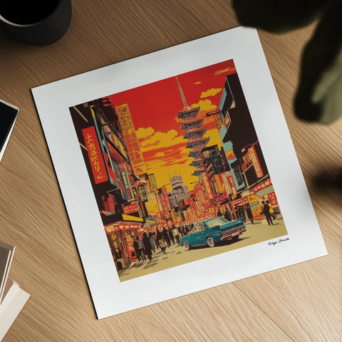 Retro Japan poster featuring sunset cityscape and car.