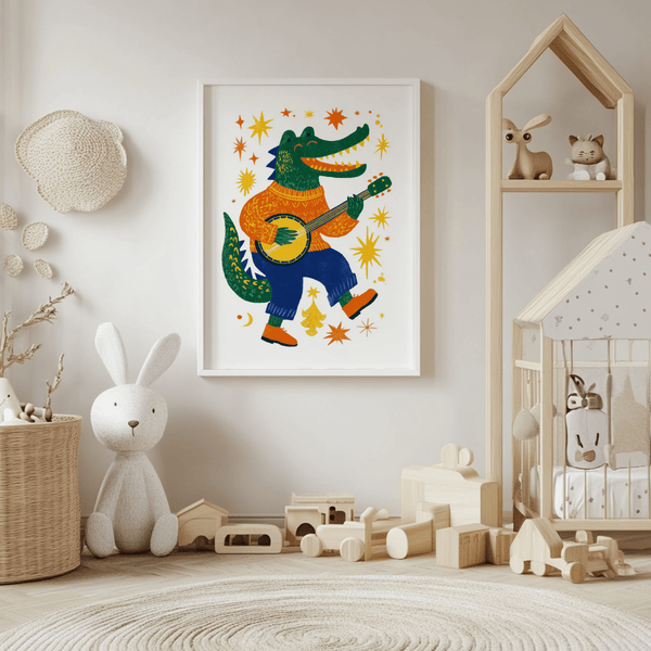 Funny Crocodile Art Print Multicolored cartoon for creative space wall decor