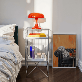 Dog with Human Face living room poster in White, Orange, and Black