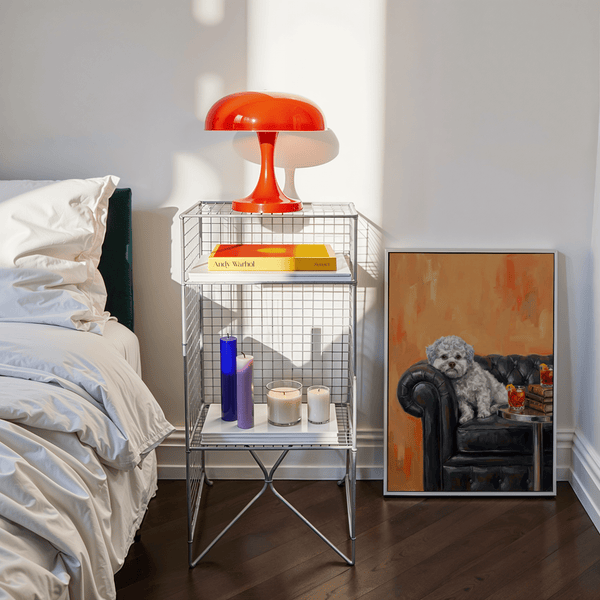 Dog with Human Face living room poster in White, Orange, and Black