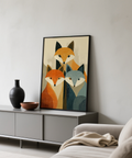 Textured wildlife fox poster print showing three foxes with central motif and neutral background