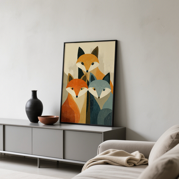 Textured wildlife fox poster print showing three foxes with central motif and neutral background