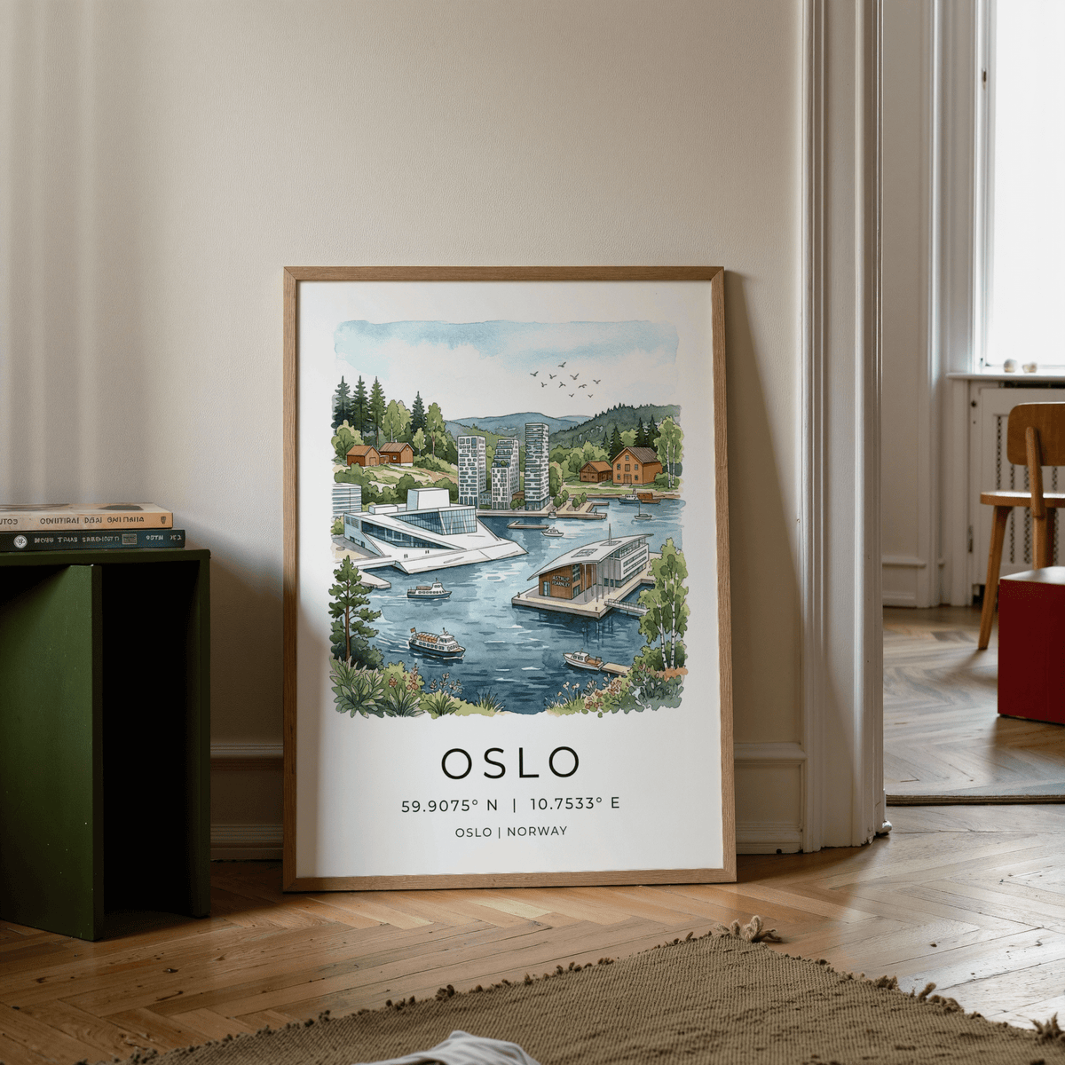 Scenic Oslo City Art Print with watercolor-style harbor, boats, and hillside houses