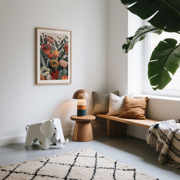 Modern poppy flower art in warm tones of ochre, crimson, and cream