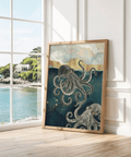 Modern Octopus Wall Art blue gold tones, children’s bedroom wall art print