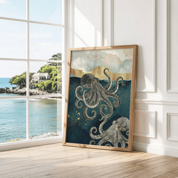 Modern Octopus Wall Art blue gold tones, children’s bedroom wall art print