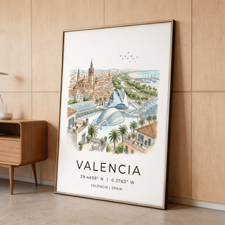 Foreground rooftop terrace poster wall art with potted plants, railing, and city view