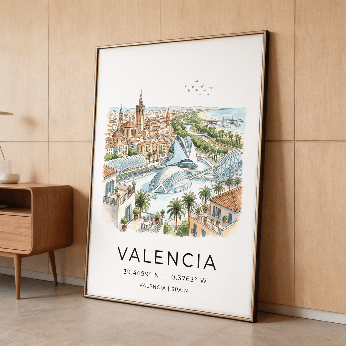 Foreground rooftop terrace poster wall art with potted plants, railing, and city view