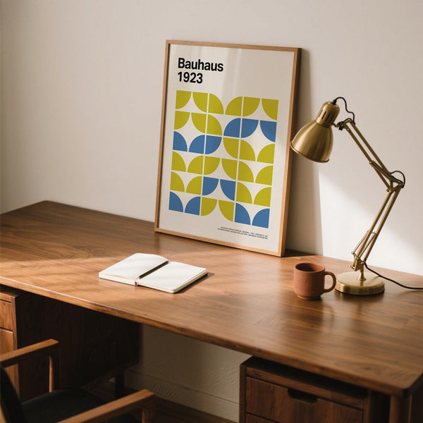 Geometric wall art print reflecting Bauhaus design in modern tones.