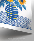Sunflower Print showcasing cheerful flowers with dark blue centers and rich green foliage.