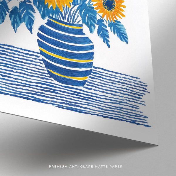 Sunflower Print showcasing cheerful flowers with dark blue centers and rich green foliage.
