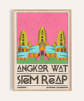 Angkor Wat Art poster with stylized temple towers and stacked Siem Reap text