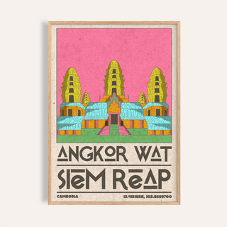 Angkor Wat Art poster with stylized temple towers and stacked Siem Reap text