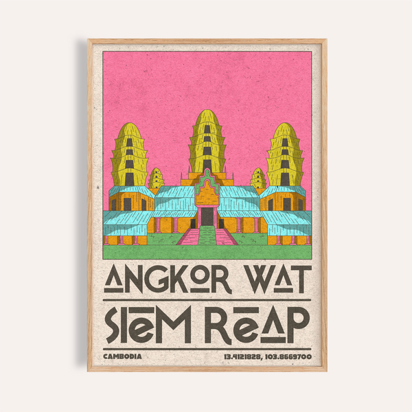 Angkor Wat Art poster with stylized temple towers and stacked Siem Reap text