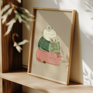 Beige Cute Cat Art Print with Pink cat for nursery accent