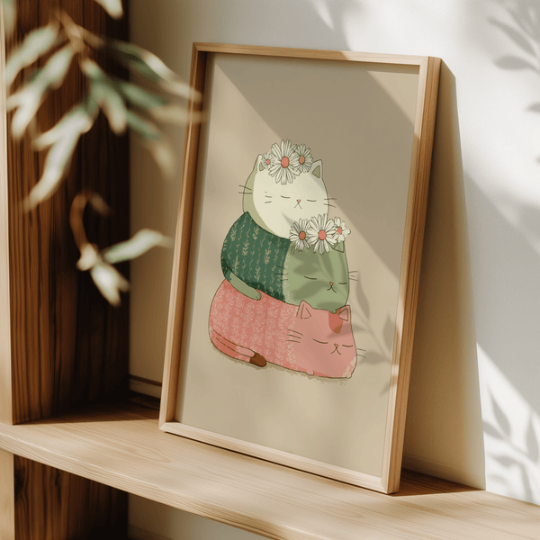 Beige Cute Cat Art Print with Pink cat for nursery accent