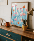 Colorful Cactus Art Print with pink flowers, blue background, for bedroom