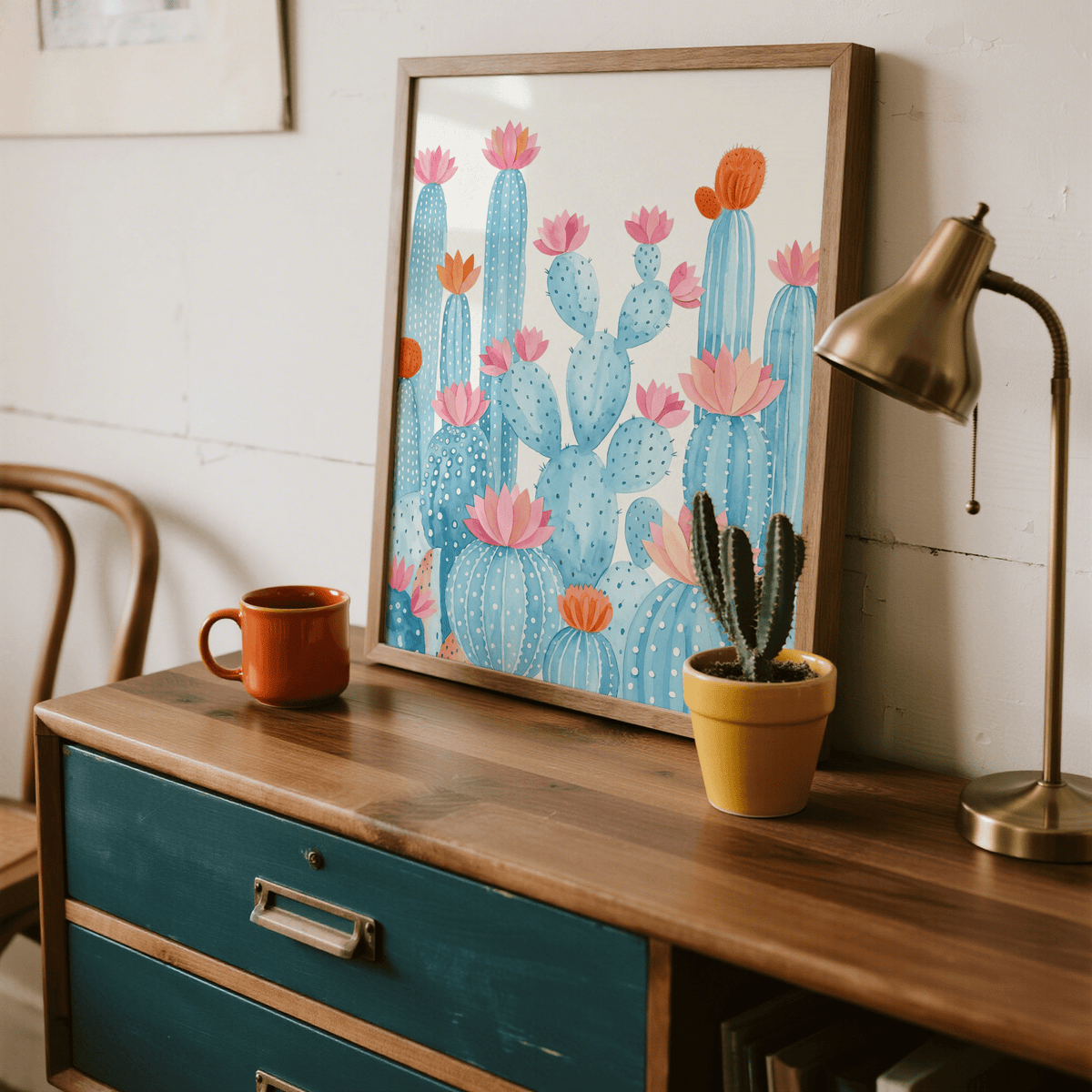 Colorful Cactus Art Print with pink flowers, blue background, for bedroom