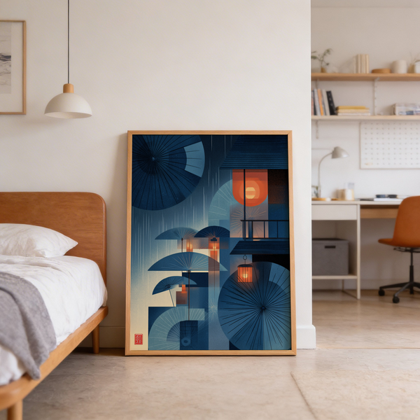 Abstract city scene poster with umbrella arcs and circular light shapes