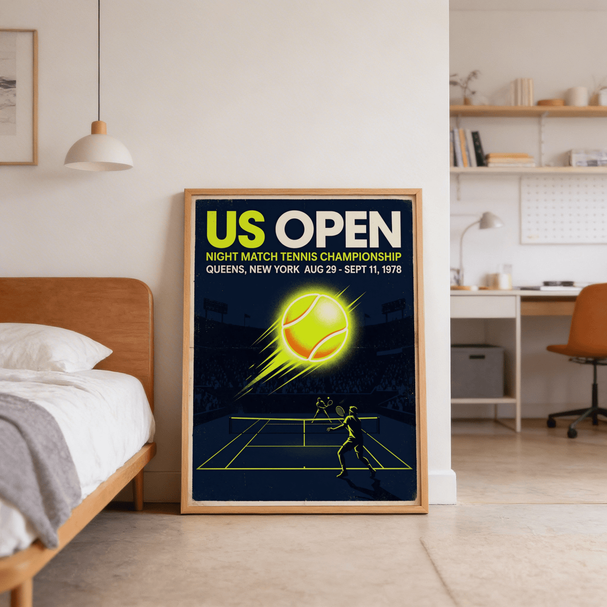 Presenting the Us Open Tennis Poster wall art in Blue and Yellow with central glowing tennis ball and court lines