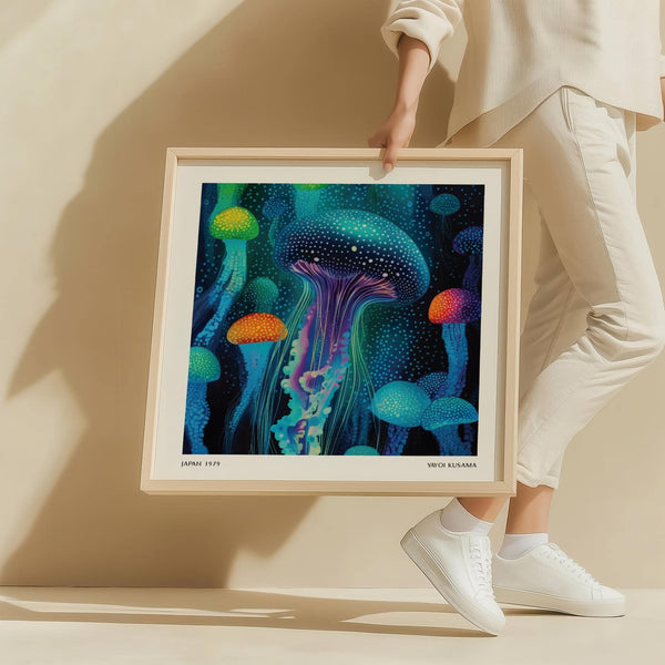 Intricate dotted jellyfish print featuring vivid orange and green colours