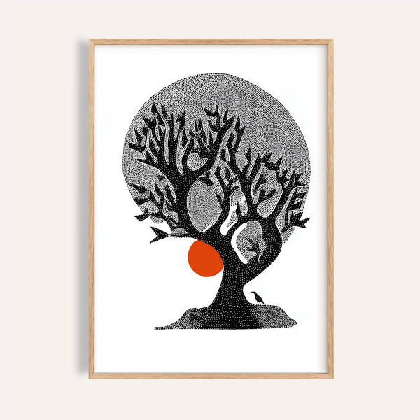 Abstract tree silhouette wall art poster with dotted halo and orange circle