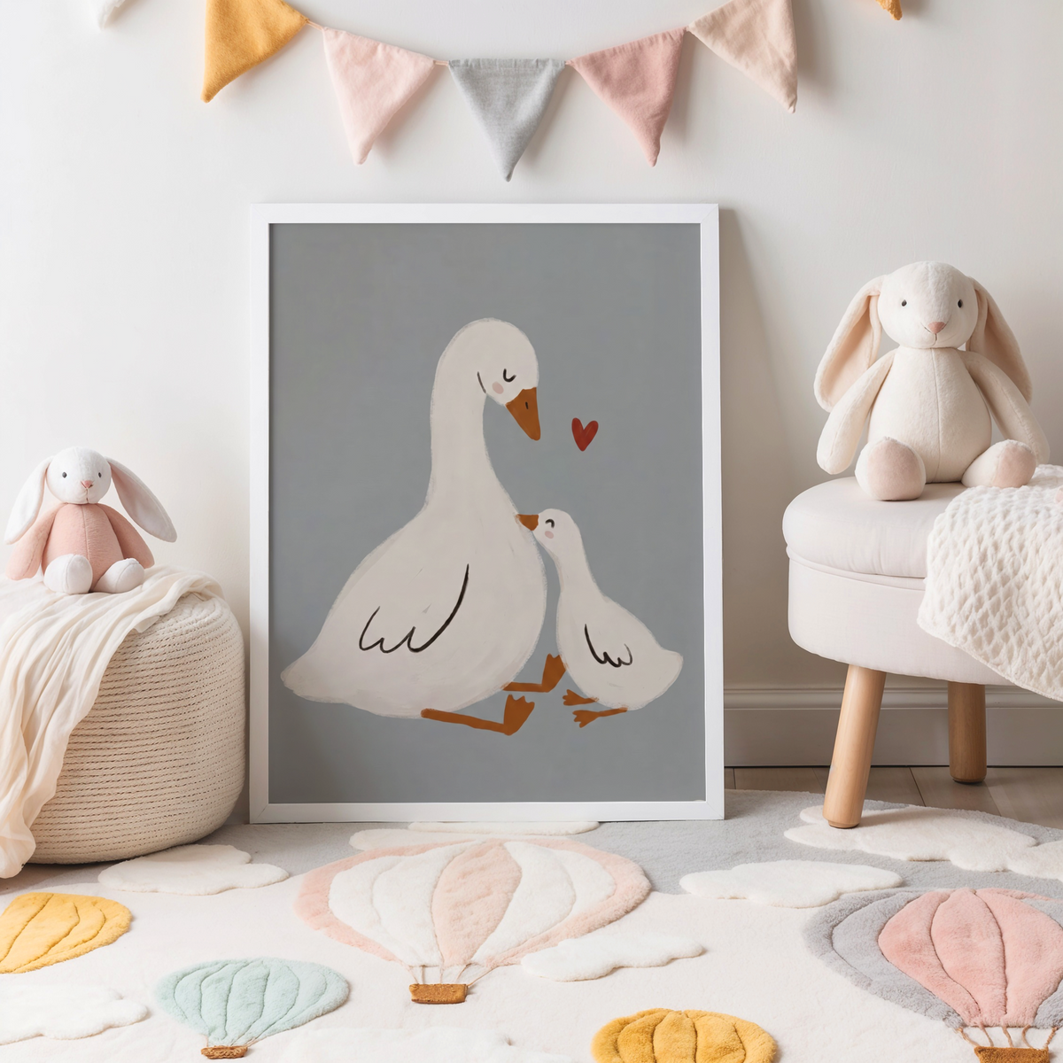 Close-up of goose and gosling poster print with painted brush texture