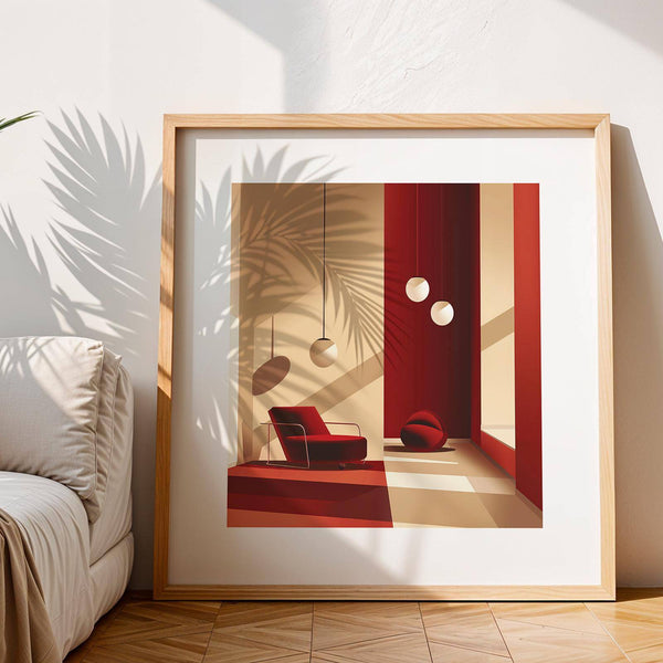 Mid-century inspired red wall art piece for stylish apartments and studios