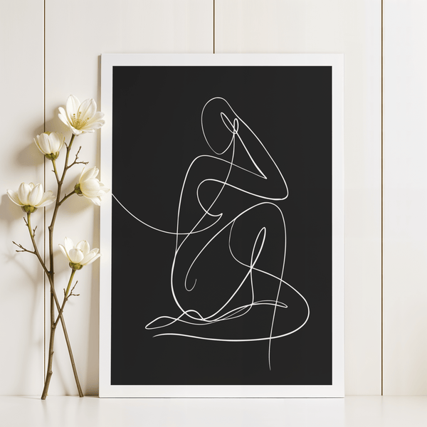 Minimalist Human Form Art Print depicting monochrome figure with folded legs