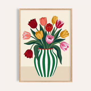 Tulip Art Print with Green and Red flowers for living room wall art
