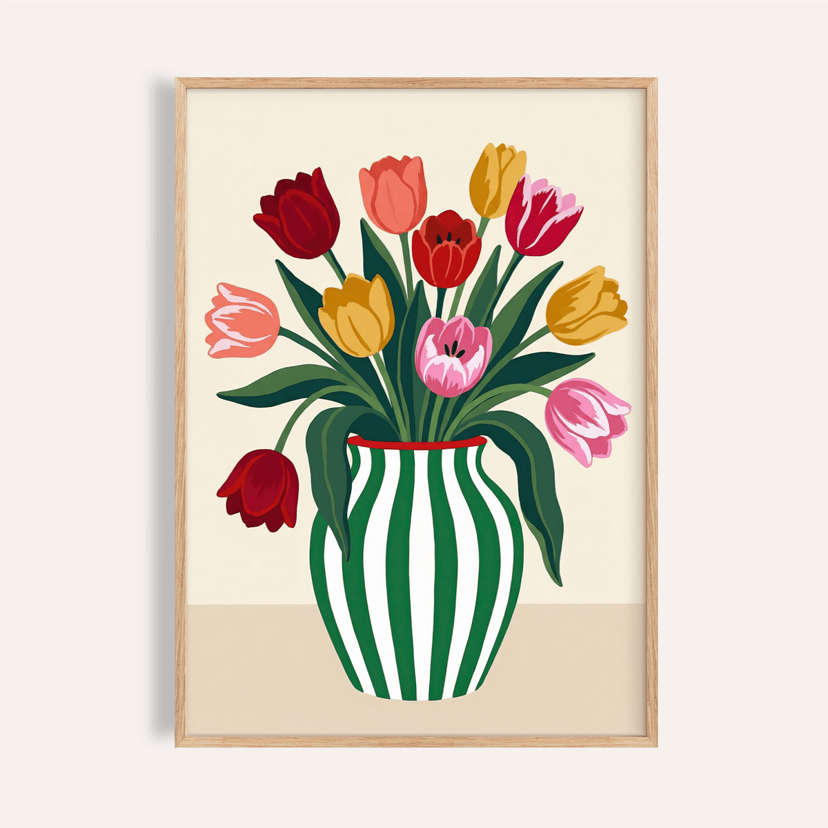 Tulip Art Print with Green and Red flowers for living room wall art