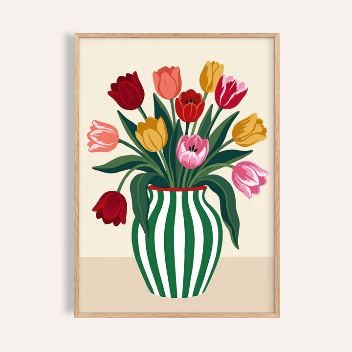 Tulip Art Print with Green and Red flowers for living room wall art