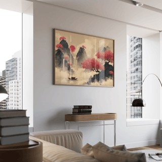 Chinese Ink Wall Art for entryway, Pink, Blue, Beige art print style