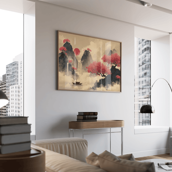 Chinese Ink Wall Art for entryway, Pink, Blue, Beige art print style