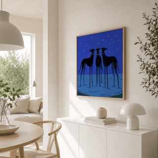 Detail view of rippled water lines beneath black canine figures