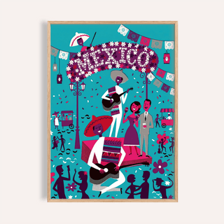 Mexican Fiesta Wall Art poster with mariachi band and papel picado