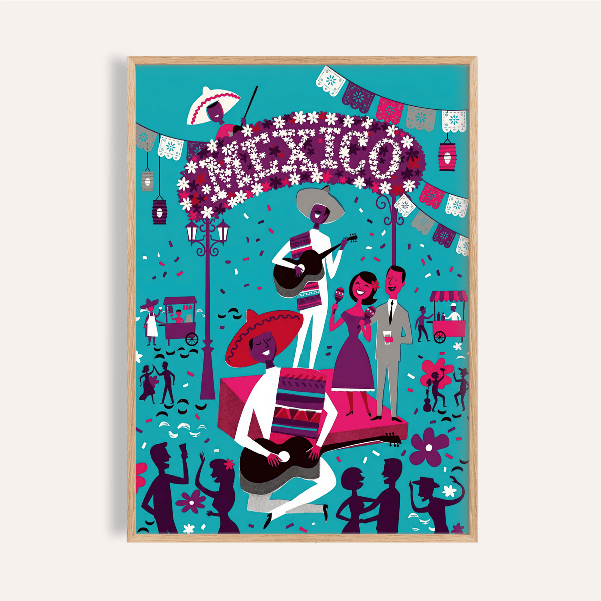 Mexican Fiesta Wall Art poster with mariachi band and papel picado