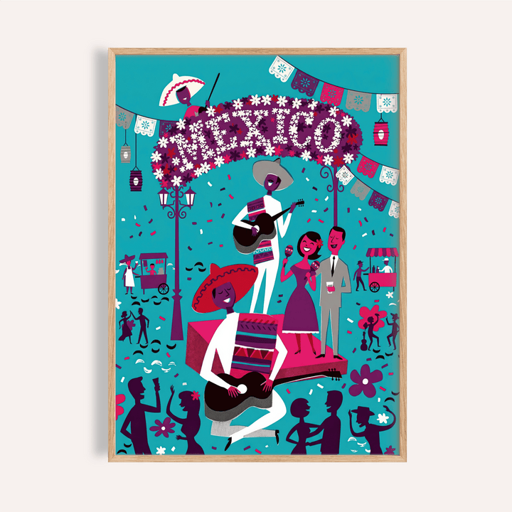 Mexican Fiesta Wall Art poster with mariachi band and papel picado