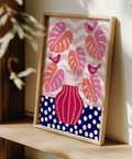 Contemporary Tropical Plant Wall Art poster for modern living room in Pink and Blue